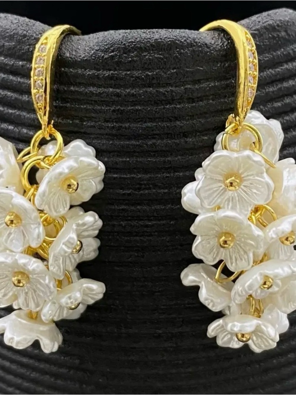 Gold and White Floral Drop Earrings - Women Jewelry